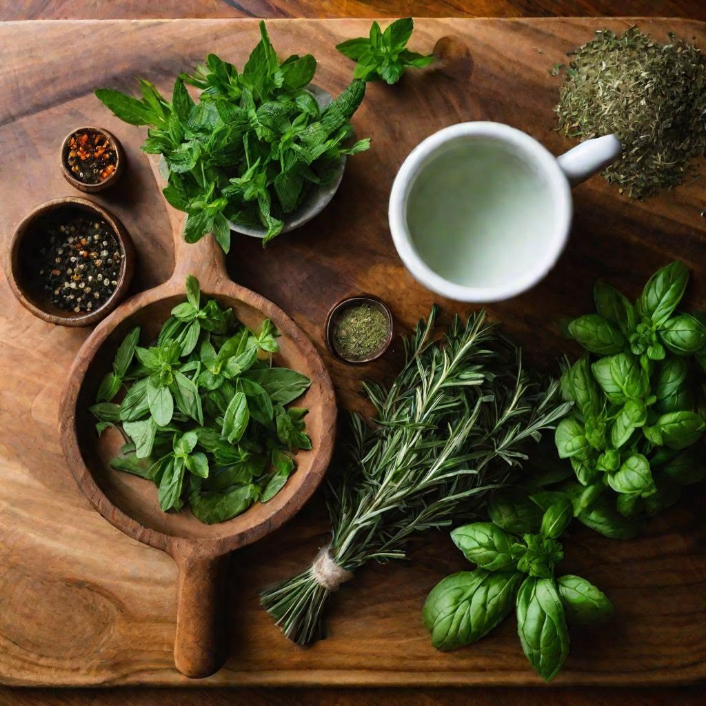 Fresh and dried botanical herbs including mint, chamomile, and lemon balm laid out on a linen cloth
